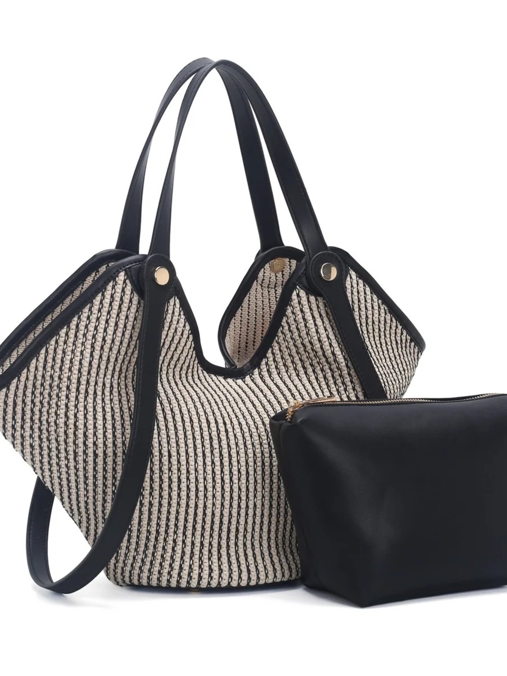 Black and Cream Woven Tote Bag with Removable Black Pouch